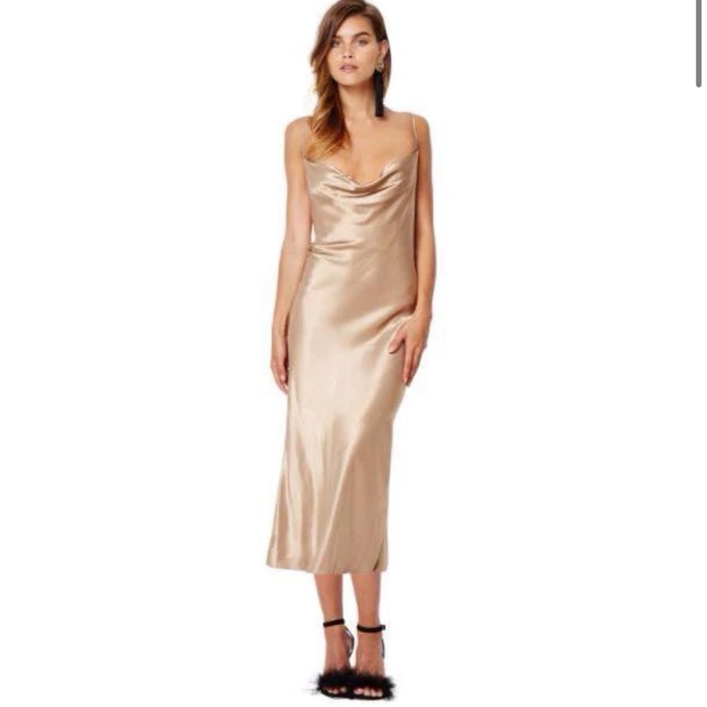 Bec + Bridge Gold Shimmy Nights Cowl Neck Midi Dress Size 6